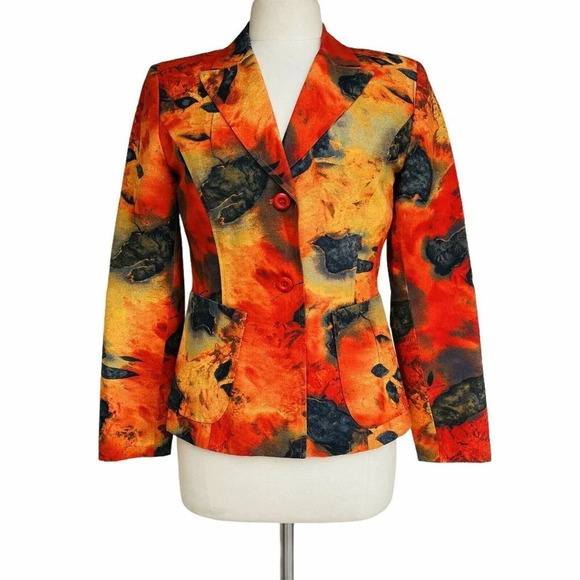 LAUREN TAYLOR Women’s Size 6 Orange Water Color Button Front Blazer - Picture 2 of 4